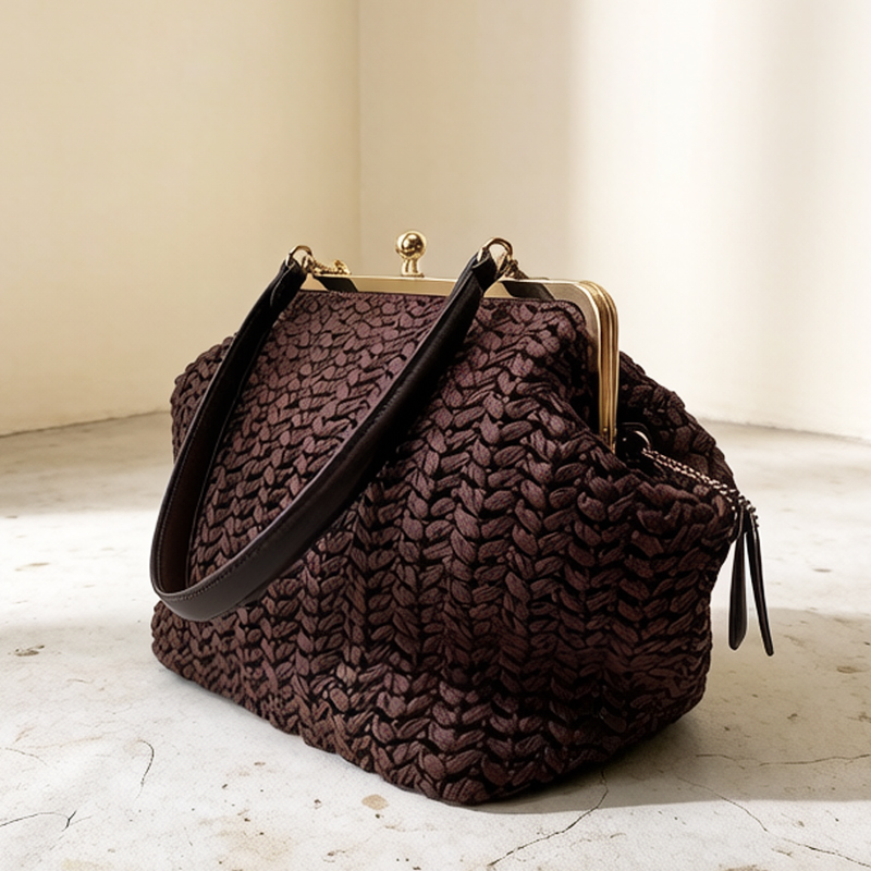 Crochet Bag Raffia - Handgewebte Kisslock-Rahmen-Schultertaschen aus Raffia für Damen