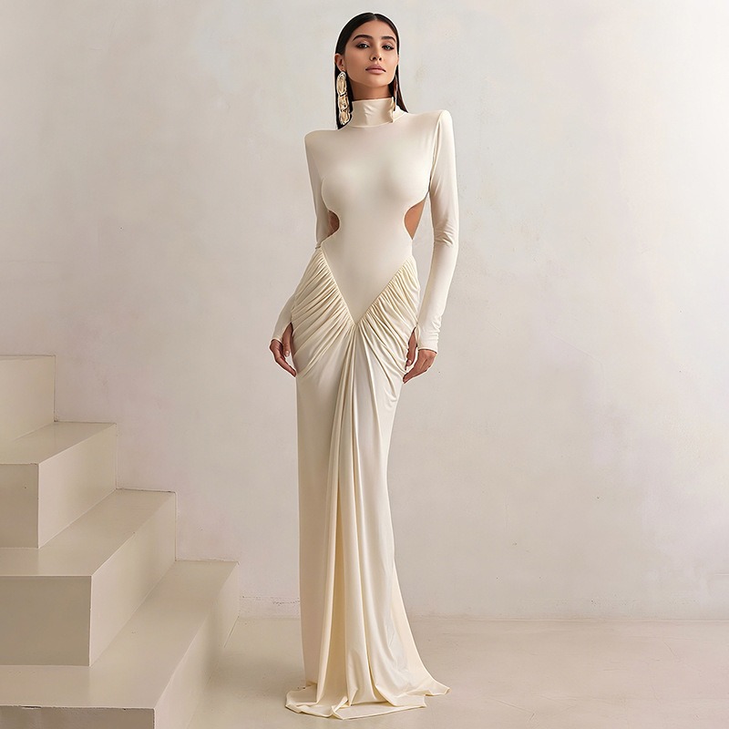 Maxi Dress Halter - Damen Rückenfreies Langes Kleid mit Rollkragen,