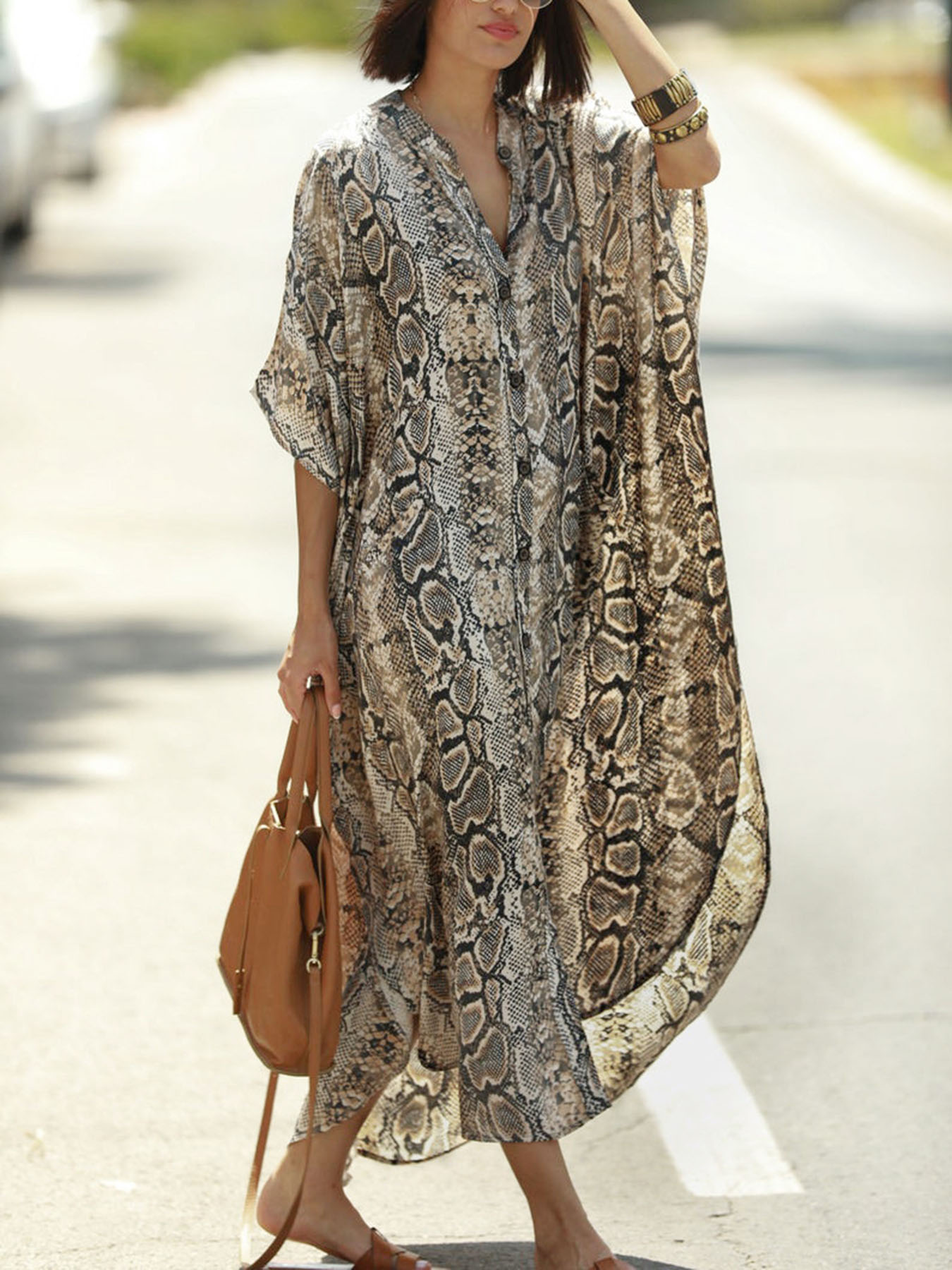 Cover Up Kaftan - Strandkleid mit Bohemian-Print | Knopfleisten-Kaftan im