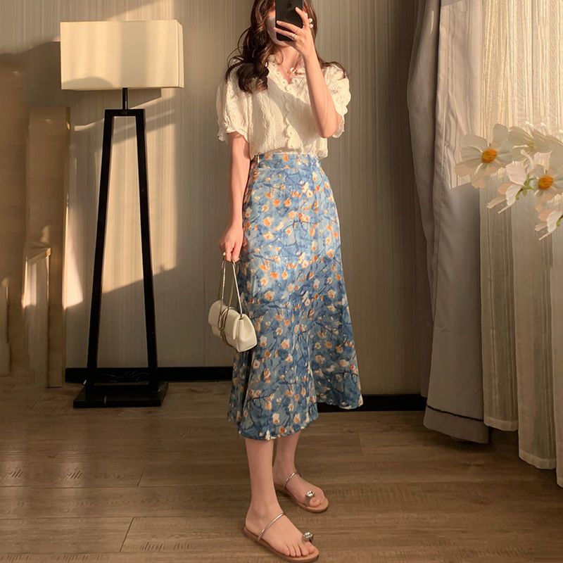 Midi Skirt Floral - Damen Sommer Zweiteiler Set Spitzen-Top und