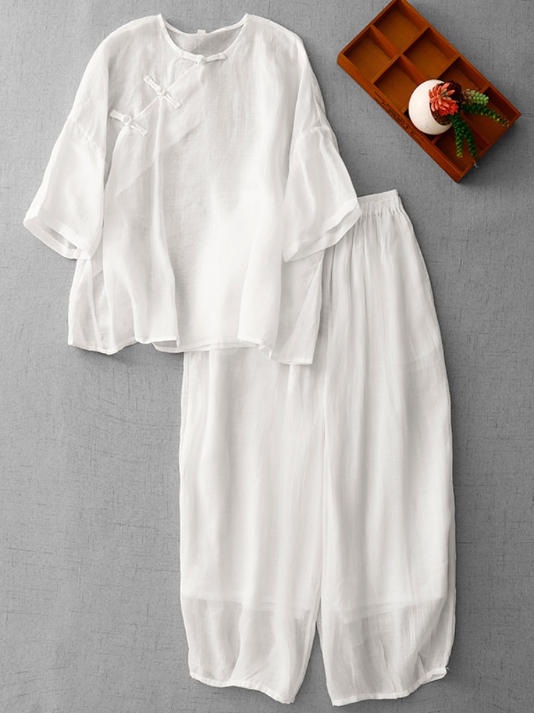 Linen Pant Wide - Neuer chinesischer Zen-Stil Damen Baumwoll-Leinen-Anzug Sommermode-Set