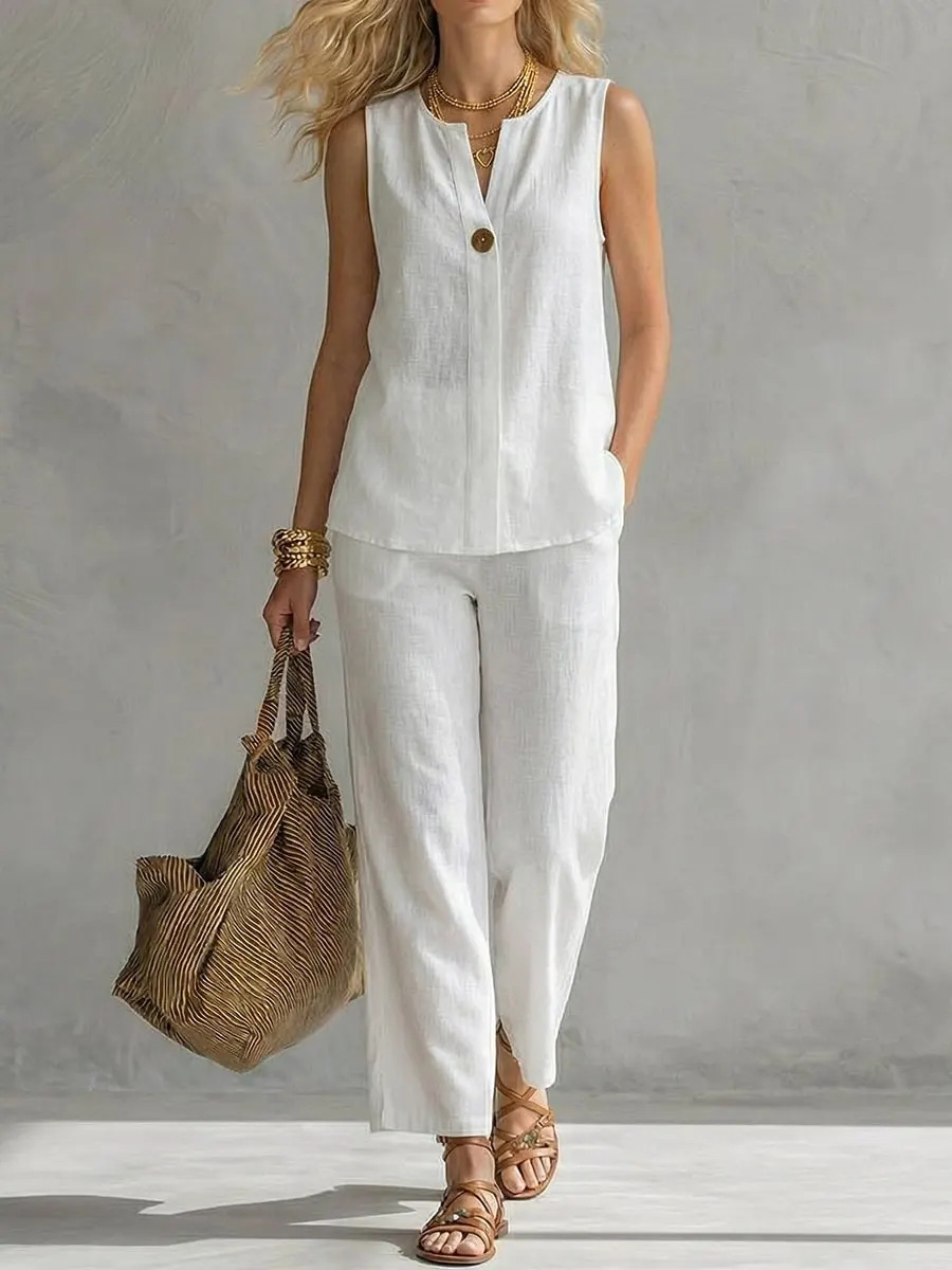 Linen Pant Wide - Einknopf-Oberteil aus Leinen, 2-teiliges Set, V-Ausschnitt