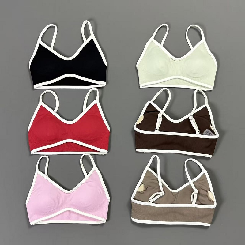 Crop Top Crochet - Damen Kontrastlinien-Yoga-BH V-Ausschnitt Weißer Rand Dünne