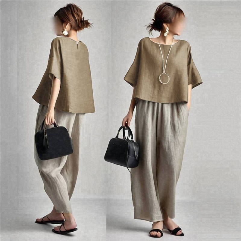 Linen Pant Wide - Zweiteiliges Damen-Hosenset Einfarbiges Passendes Set Halbe