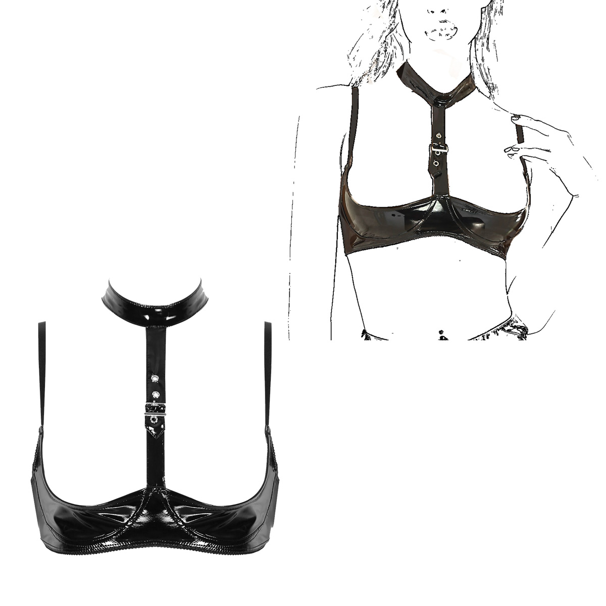 Frauen Patent Leder Dessous Se – Bralette Triangle Set Bewertung und Preis
